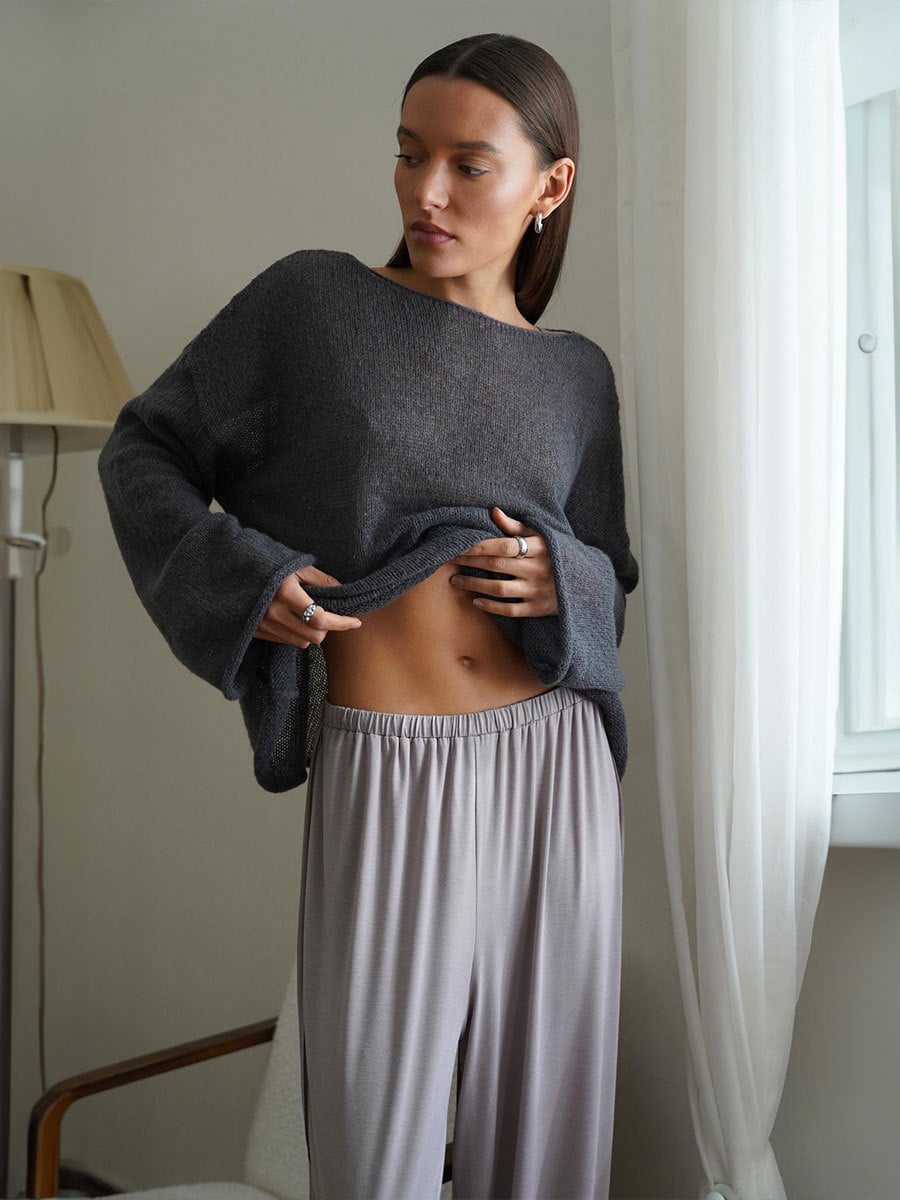 ✨2026 Spring Summer New Arrival Women’s Hollow‑Out Knit Top, Thin Round‑Neck Flare Sleeve Loose Long Sleeve Sweater, S‑5XL