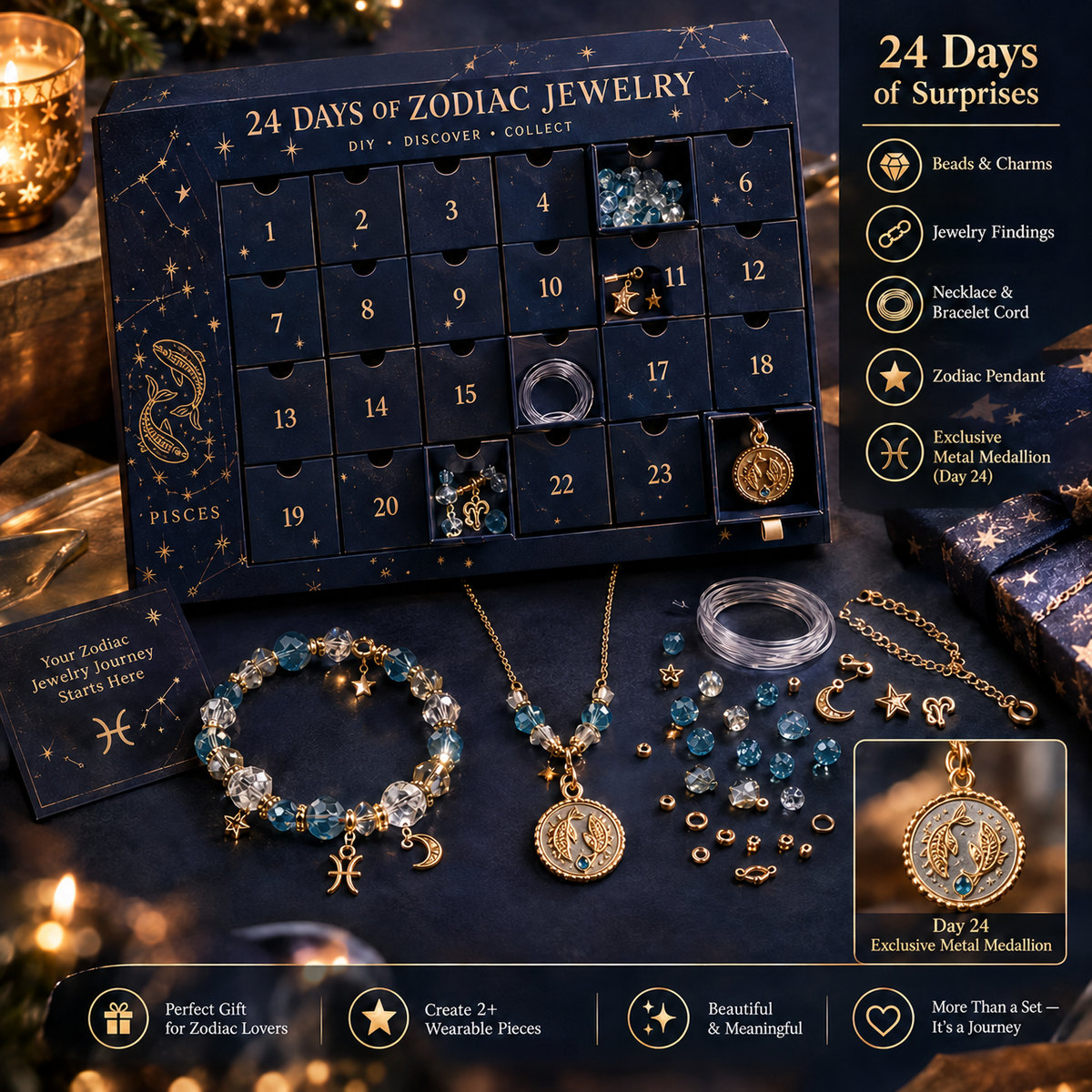 50% OFF | ✨ 24 Days Zodiac DIY Jewelry Advent Calendar – 24 Days of Beads & Charms 🌟