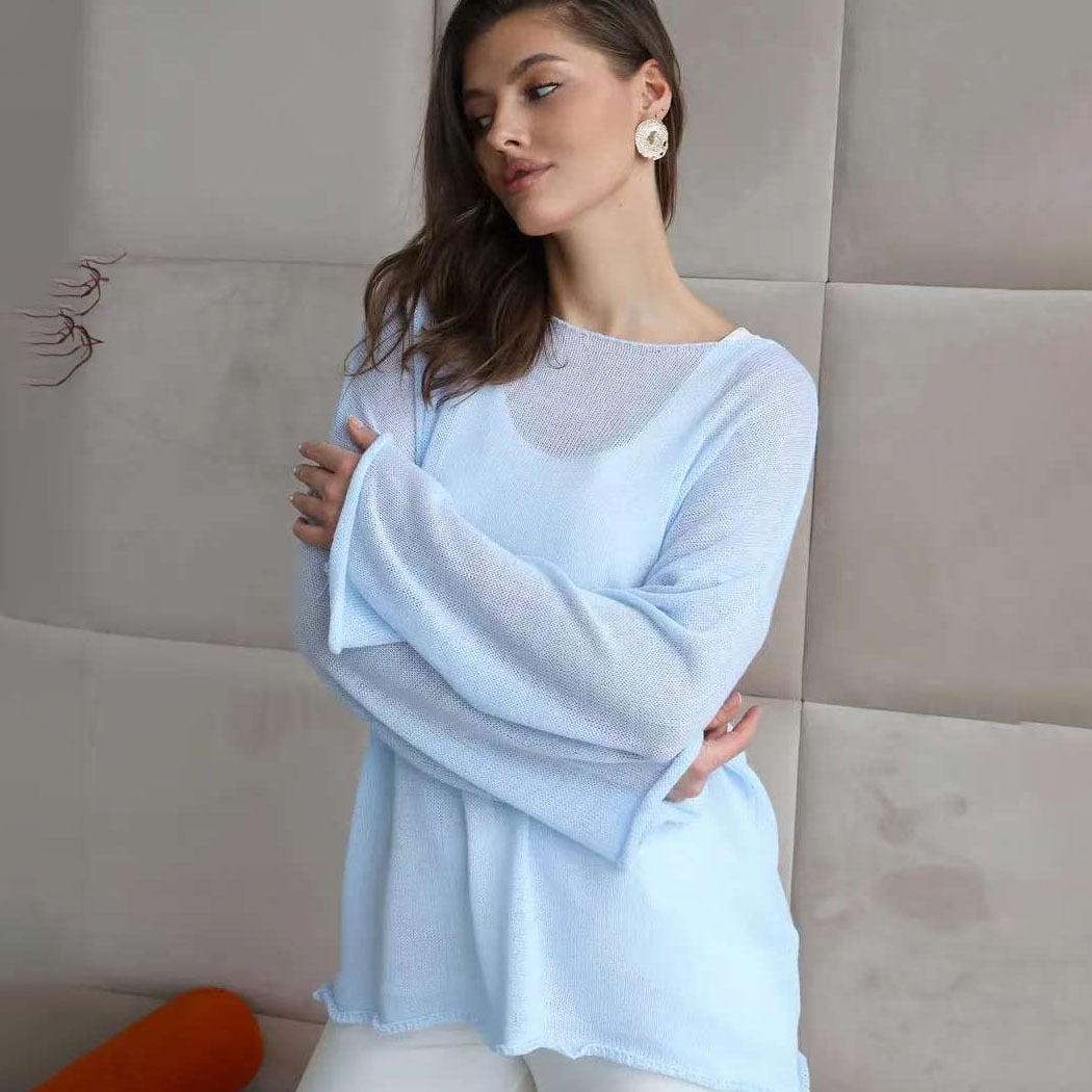 ✨2026 Spring Summer New Arrival Women’s Hollow‑Out Knit Top, Thin Round‑Neck Flare Sleeve Loose Long Sleeve Sweater, S‑5XL