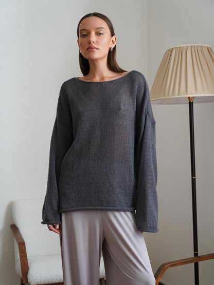 ✨2026 Spring Summer New Arrival Women’s Hollow‑Out Knit Top, Thin Round‑Neck Flare Sleeve Loose Long Sleeve Sweater, S‑5XL