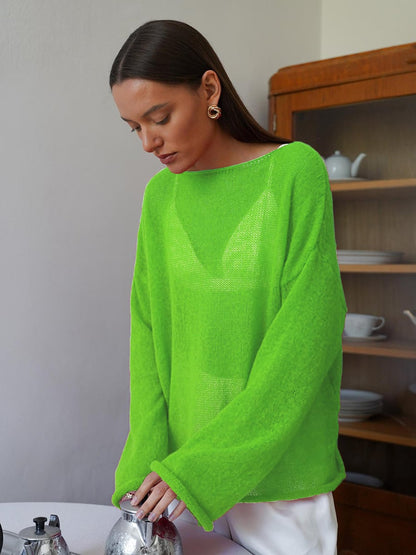 ✨2026 Spring Summer New Arrival Women’s Hollow‑Out Knit Top, Thin Round‑Neck Flare Sleeve Loose Long Sleeve Sweater, S‑5XL