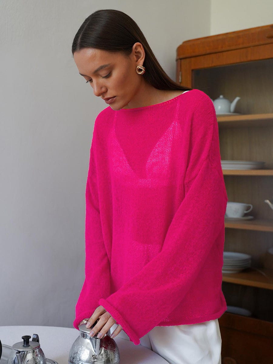 ✨2026 Spring Summer New Arrival Women’s Hollow‑Out Knit Top, Thin Round‑Neck Flare Sleeve Loose Long Sleeve Sweater, S‑5XL