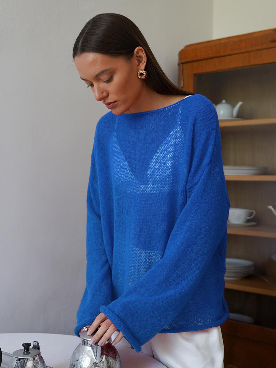 ✨2026 Spring Summer New Arrival Women’s Hollow‑Out Knit Top, Thin Round‑Neck Flare Sleeve Loose Long Sleeve Sweater, S‑5XL