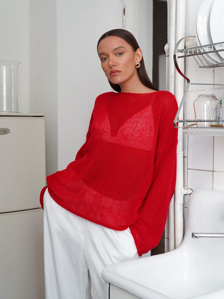 ✨2026 Spring Summer New Arrival Women’s Hollow‑Out Knit Top, Thin Round‑Neck Flare Sleeve Loose Long Sleeve Sweater, S‑5XL