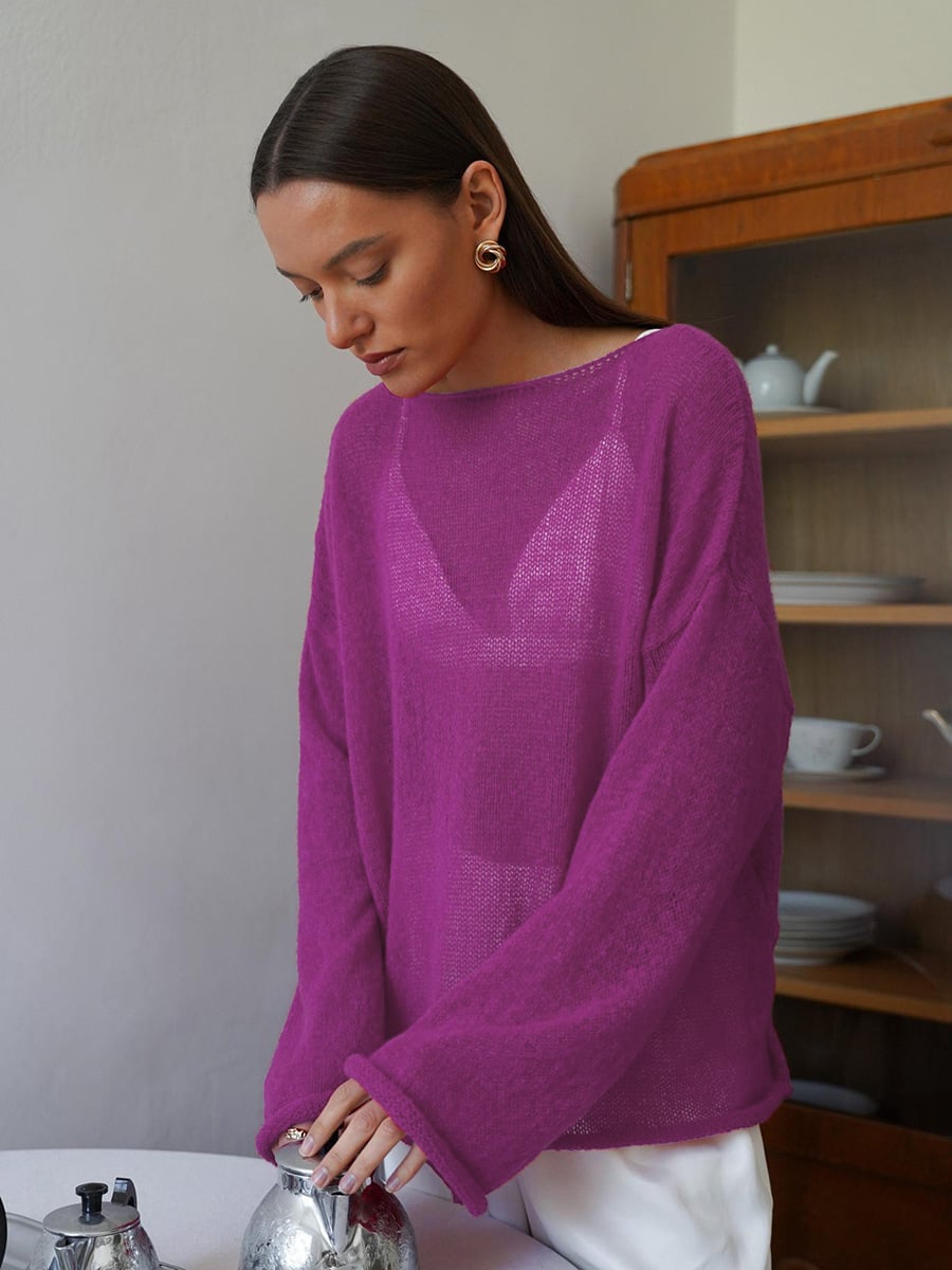 ✨2026 Spring Summer New Arrival Women’s Hollow‑Out Knit Top, Thin Round‑Neck Flare Sleeve Loose Long Sleeve Sweater, S‑5XL
